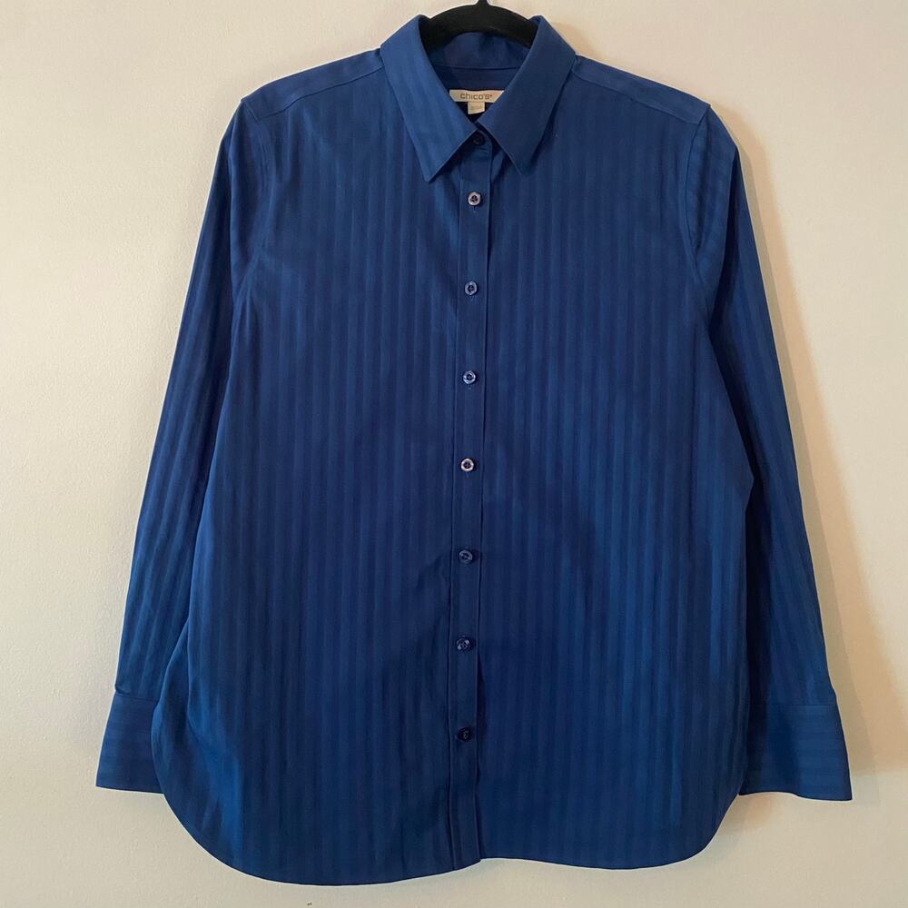 Chico's Blue Stripe Button Down Shirt Preppy Workwear Women's size 1.5 / 10